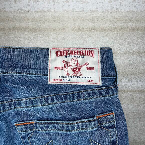 Vintage 90s True Religion Jeans 33x33 Slim Fit Medium Wash Skater Tan Embroidery - Picture 4 of 5